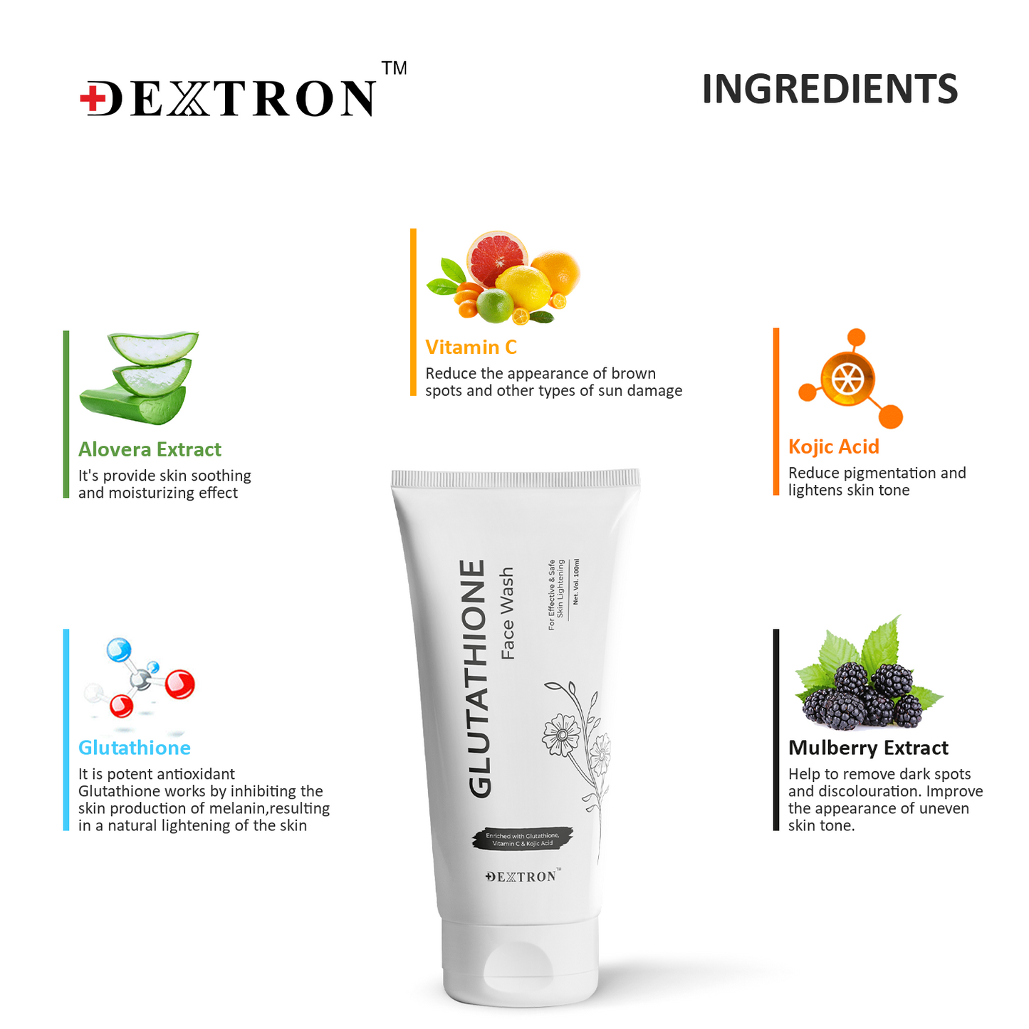 glutathione face wash – enriched with glutathione, kojic acid, vitamin c, aloe vera & mulberry extract – 100ml