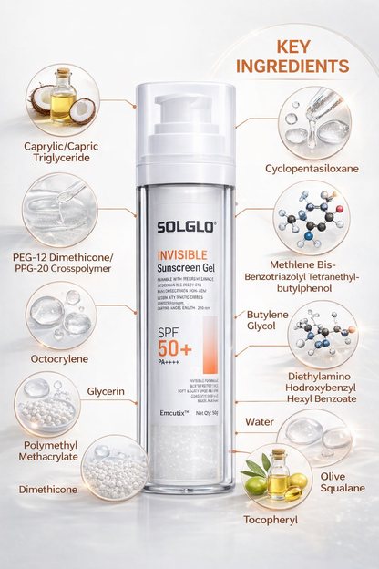 SOLGLO Invisible Sunscreen Gel SPF 50+ PA++++ | Matte Finish, No White Cast, Broad Spectrum UV Protection – 50ml