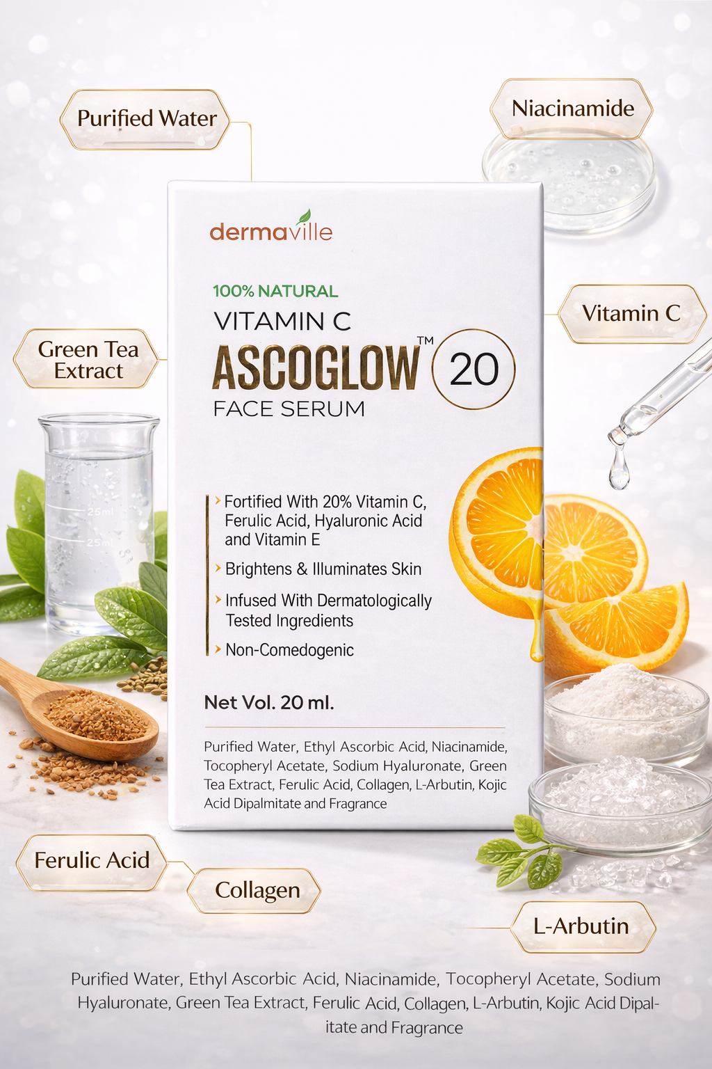 ascoglow™ 20 vitamin c face serum – brightening & anti-aging formula with hyaluronic acid & ferulic acid (20ml)