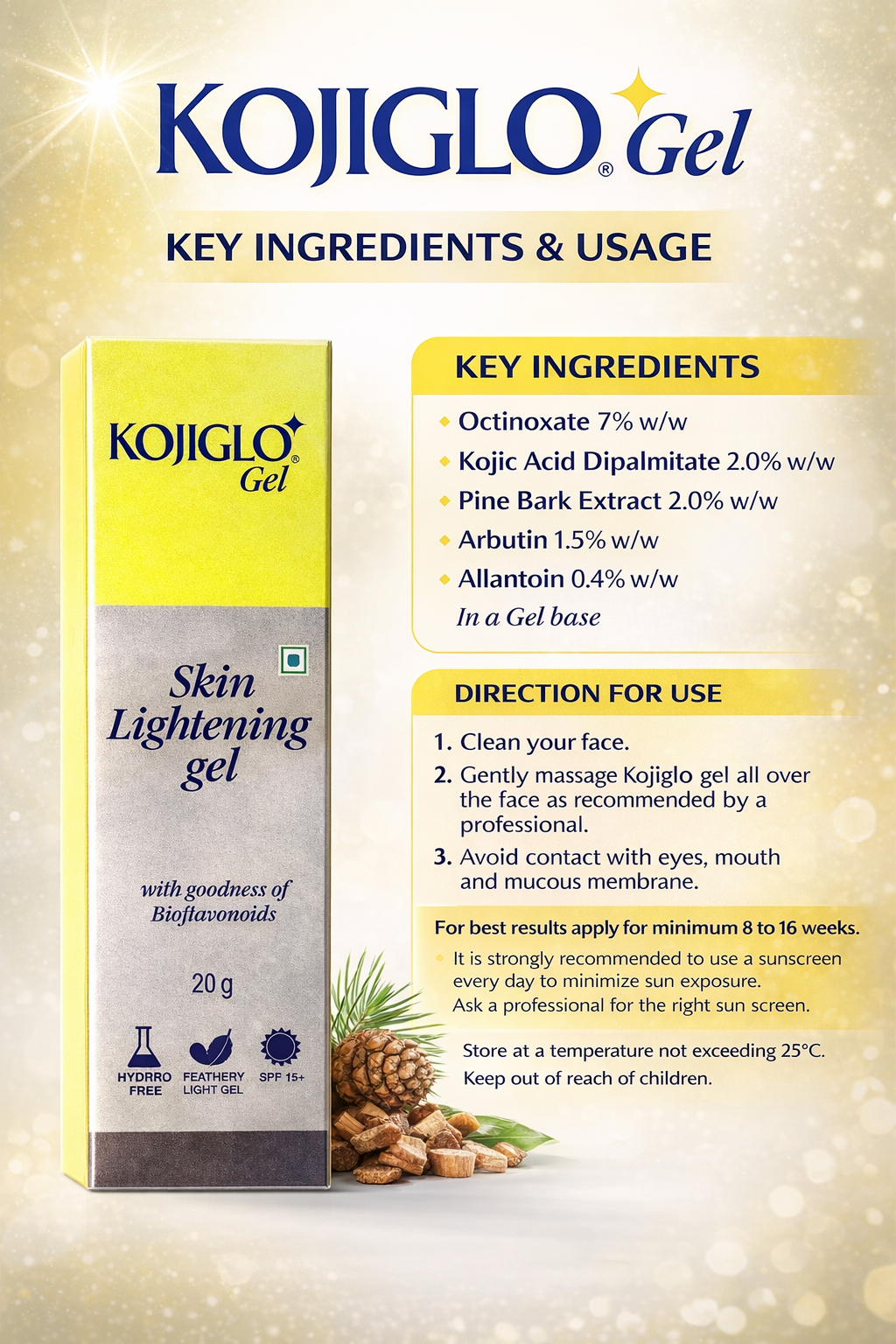 kojiglo gel | skin lightening gel with kojic acid, arbutin & pine bark extract | 20g