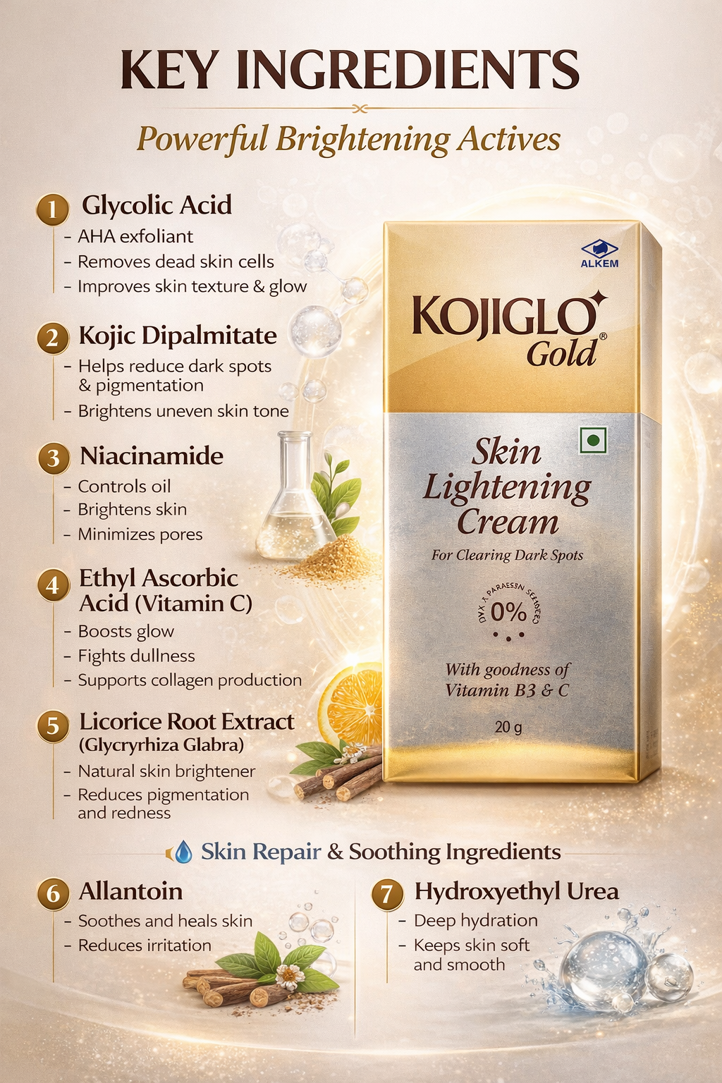 kojiglo gold skin lightening cream | vitamin b3 & c | for dark spots & pigmentation | 20g