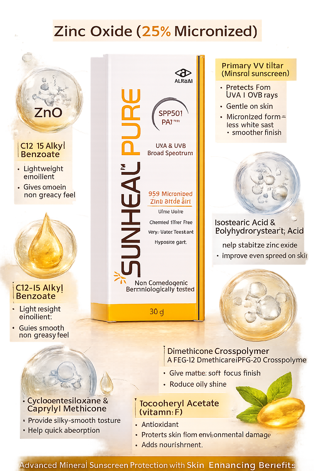 sunheal pure spf 50+ pa++++ sunscreen gel | 25% zinc oxide | ultra matte | broad spectrum uva/uvb protection | water resistant | non-comedogenic (30g)
