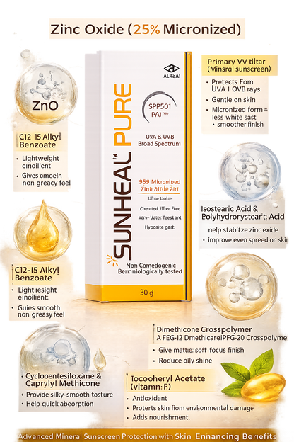 Sunheal Pure SPF 50+ PA++++ Sunscreen Gel | 25% Zinc Oxide | Ultra Matte | Broad Spectrum UVA/UVB Protection | Water Resistant | Non-Comedogenic (30g)