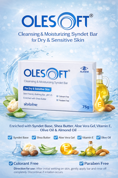 Olesoft Cleansing & Moisturizing Syndet Bar | pH 5.5 | Shea Butter | For Dry & Sensitive Skin | Soap-Free & Paraben-Free (75g)