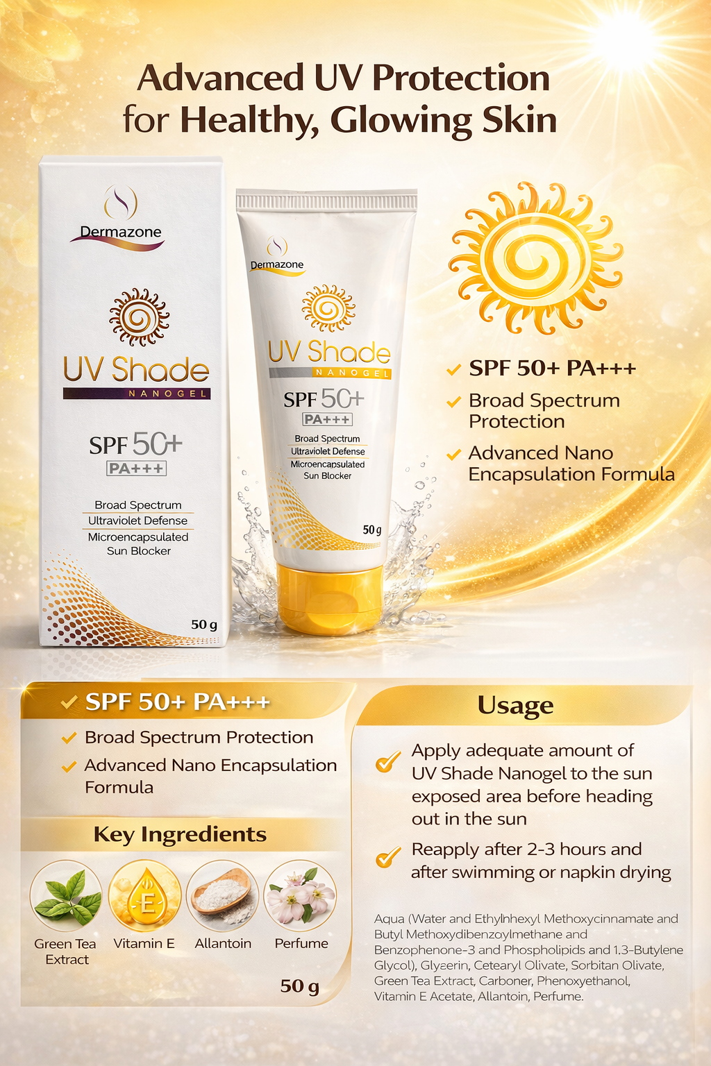 uv shade spf 50+ pa+++ sunscreen gel – 50g