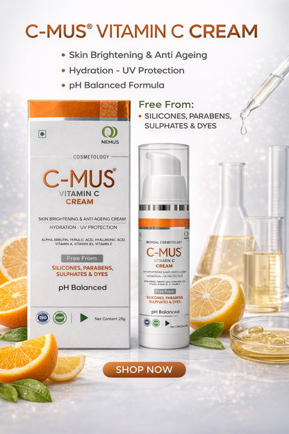 C-MUS Vitamin C Cream | Skin Brightening & Anti-Ageing | With Alpha Arbutin, Ferulic Acid & Hyaluronic Acid | 25g