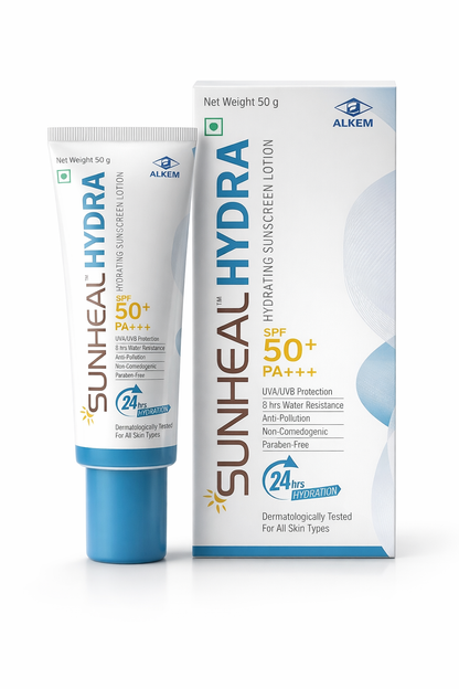 Sunheal Hydra Sunscreen Lotion SPF 50+ PA+++ | 24Hr Hydration | UVA/UVB Protection | Non-Comedogenic | All Skin Types