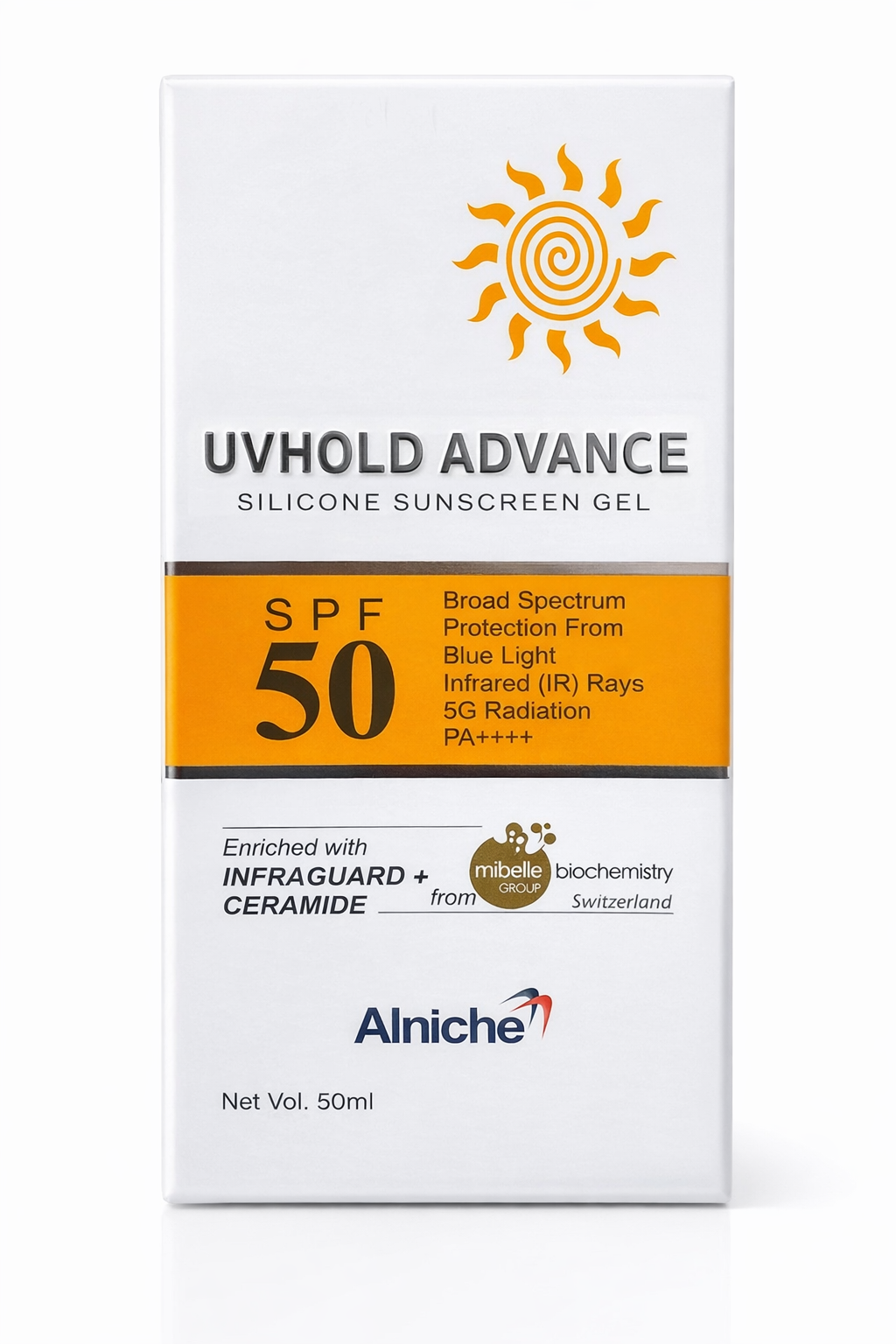 uvhold advance silicone sunscreen gel spf 50 pa++++ | broad spectrum uv, blue light & ir protection | lightweight non-greasy | 50ml