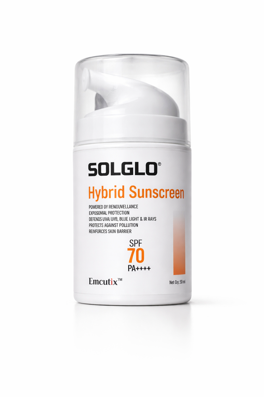 SOLGLO Hybrid Sunscreen SPF 70 PA++++ | Broad Spectrum UV, Blue Light & Pollution Protection | 50ml