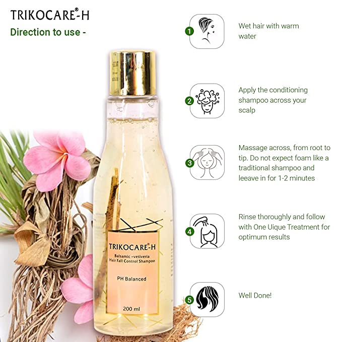 trikocare-h hair fall control shampoo with balsamic-vetiveria & aloe vera – 200ml | ph balanced & paraben-free