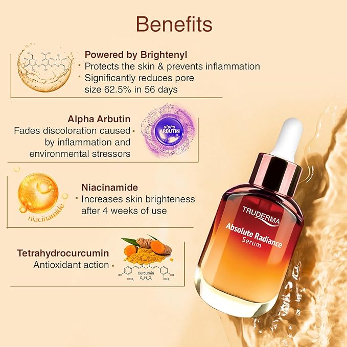 Truderma Absolute Radiance Serum | De-Pigmenting & Skin Lightening | Niacinamide + Alpha Arbutin | Sulphate-Free | 30ml