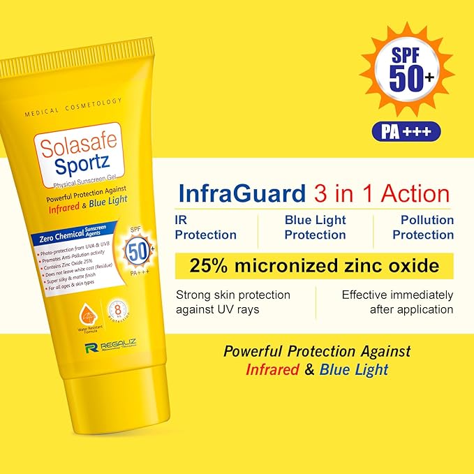 Solasafe Sportz Physical Sunscreen Gel SPF 50+ – Powerful Protection Against Infrared & Blue Light