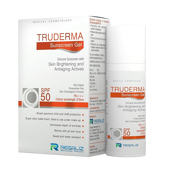 Truderma Sunscreen Gel SPF 50 | Broad Spectrum PA+++ | Silicone-Based, Non-Greasy, Matte Finish | Brightening & Anti-Aging Formula | 50g