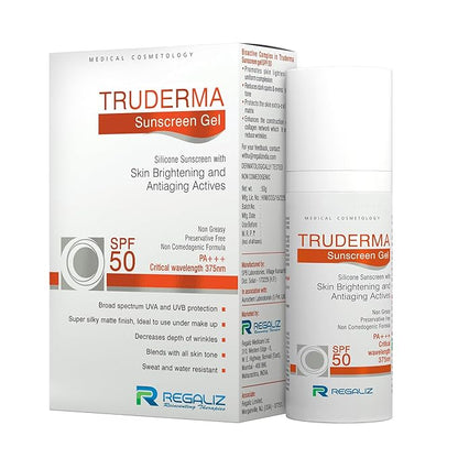 Truderma Sunscreen Gel SPF 50 | Broad Spectrum PA+++ | Silicone-Based, Non-Greasy, Matte Finish | Brightening & Anti-Aging Formula | 50g