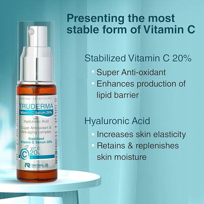 Truderma Vitamin C Serum 20% | With Hyaluronic Acid | Brightening & Anti-Aging Serum | Dermatologically Tested | 30ml
