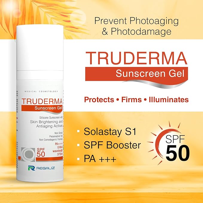 truderma sunscreen gel spf 50 | broad spectrum pa+++ | silicone-based, non-greasy, matte finish | brightening & anti-aging formula | 50g
