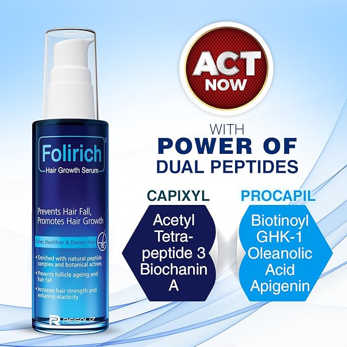 Folirich Hair Growth Serum | With Peptides, Biochanin A & Botanical Extracts | Prevents Hair Fall | Promotes Hair Growth | 125ml | Alcohol-Free | Dermatologically Tested