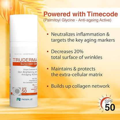 Truderma Sunscreen Gel SPF 50 | Broad Spectrum PA+++ | Silicone-Based, Non-Greasy, Matte Finish | Brightening & Anti-Aging Formula | 50g