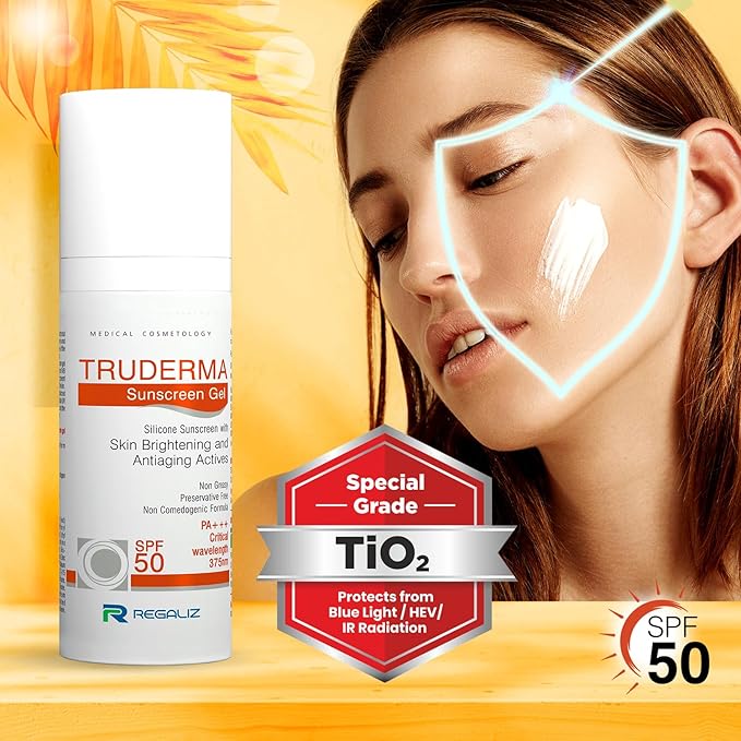 truderma sunscreen gel spf 50 | broad spectrum pa+++ | silicone-based, non-greasy, matte finish | brightening & anti-aging formula | 50g