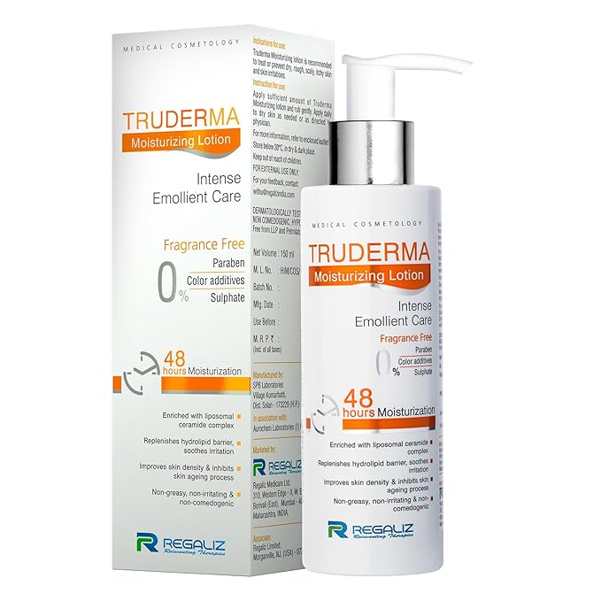 truderma moisturizing lotion | intense emollient care | 48-hour hydration | ceramide complex | fragrance-free | 50ml