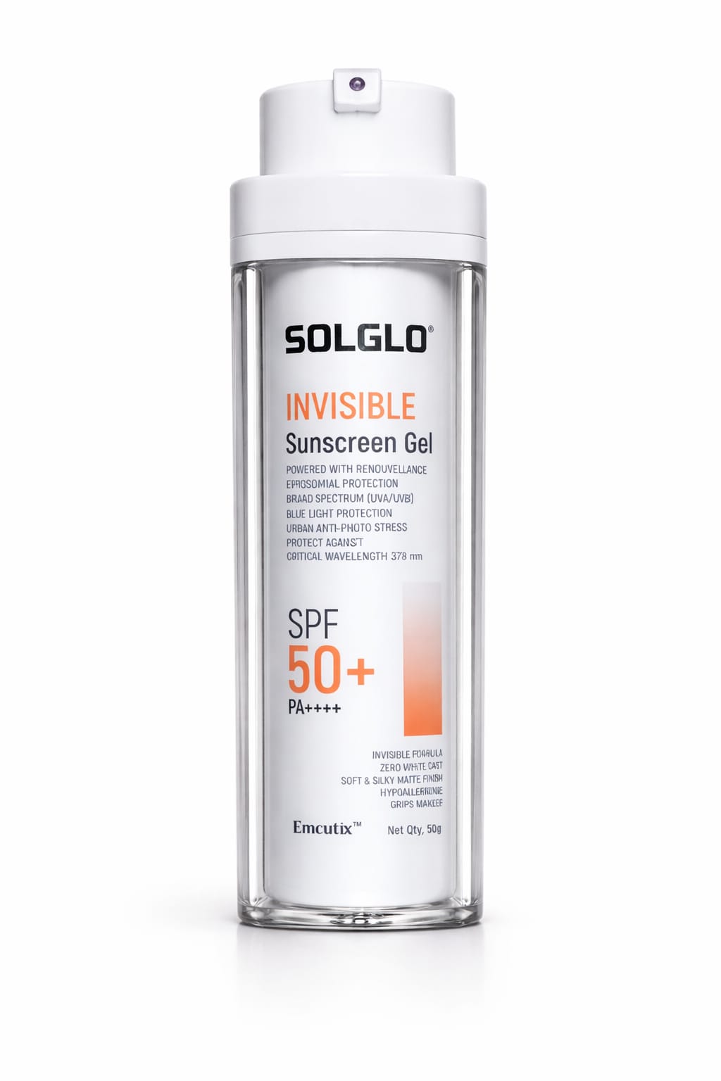 solglo invisible sunscreen gel spf 50+ pa++++ | matte finish, no white cast, broad spectrum uv protection – 50ml