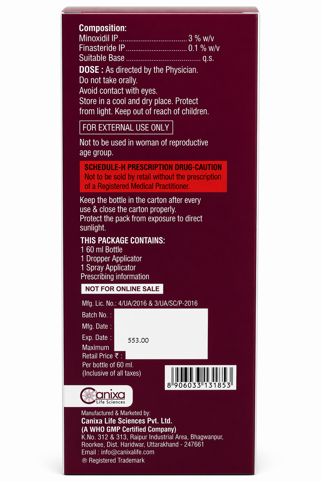 curlz-f | 3% minoxidil & 0.1% finasteride topical solution with lipids | 60ml