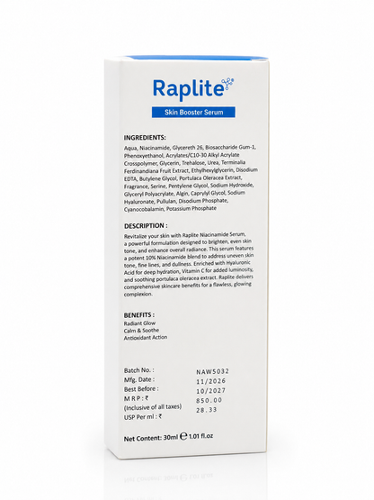 Raplite Niacinamide 5X Skin Booster Serum | 10% Niacinamide, Hyaluronic Acid & Vitamin B12 for Brightening & Hydration (30ml)