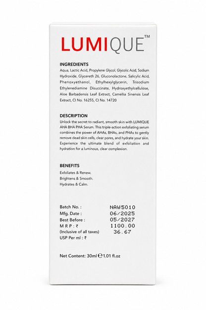 LUMIQUE™ Advanced Resurfacing Serum with 30% AHA, 2% BHA, 2% PHA – Exfoliating Booster for Skin Renewal – 30ml