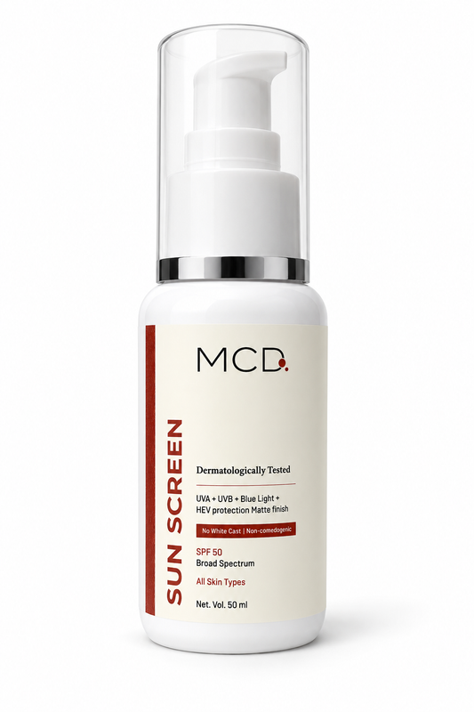MCD SPF 50 Broad Spectrum Sunscreen | UVA + UVB + Blue Light + HEV Protection | No White Cast Matte Finish Sunscreen for All Skin Types | 50 ml