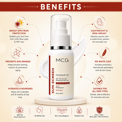 MCD SPF 50 Broad Spectrum Sunscreen | UVA + UVB + Blue Light + HEV Protection | No White Cast Matte Finish Sunscreen for All Skin Types | 50 ml