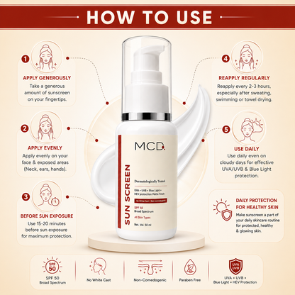 MCD SPF 50 Broad Spectrum Sunscreen | UVA + UVB + Blue Light + HEV Protection | No White Cast Matte Finish Sunscreen for All Skin Types | 50 ml