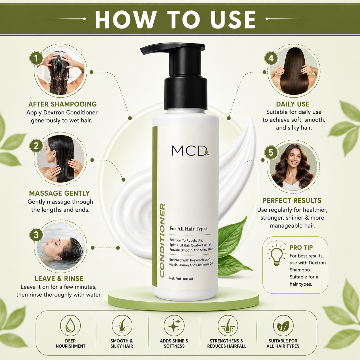 mcd hair conditioner with hyaluronic acid, niacinamide, almond oil & sunflower oil | smooth & silky hair care for all hair types | 100 ml