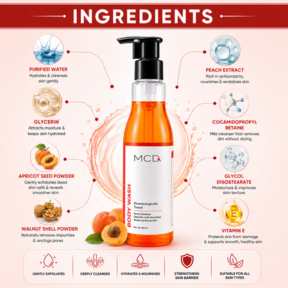 MCD Exfoliating Body Wash with Apricot Seed Powder, Walnut Shell Powder & Vitamin E | Deep Cleansing & Smooth Skin Formula | 200 ml