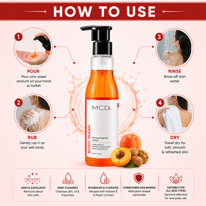 MCD Exfoliating Body Wash with Apricot Seed Powder, Walnut Shell Powder & Vitamin E | Deep Cleansing & Smooth Skin Formula | 200 ml