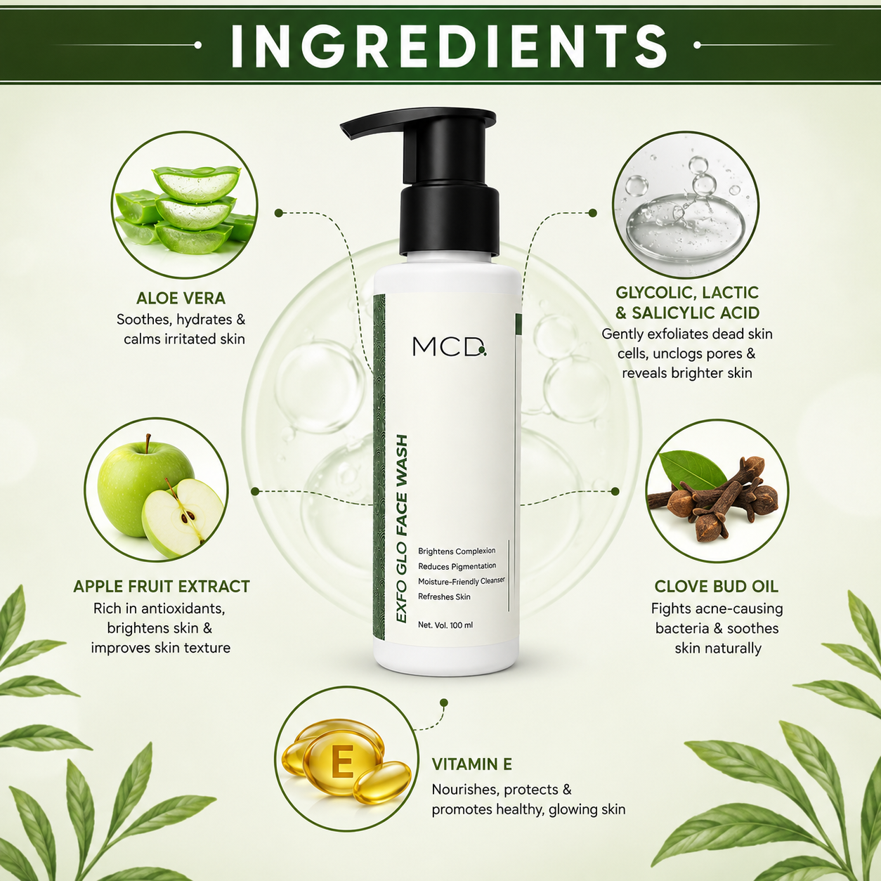 mcd exfo glo face wash with aloe vera, glycolic, lactic & salicylic acid | brightening & deep cleansing face cleanser | 100 ml