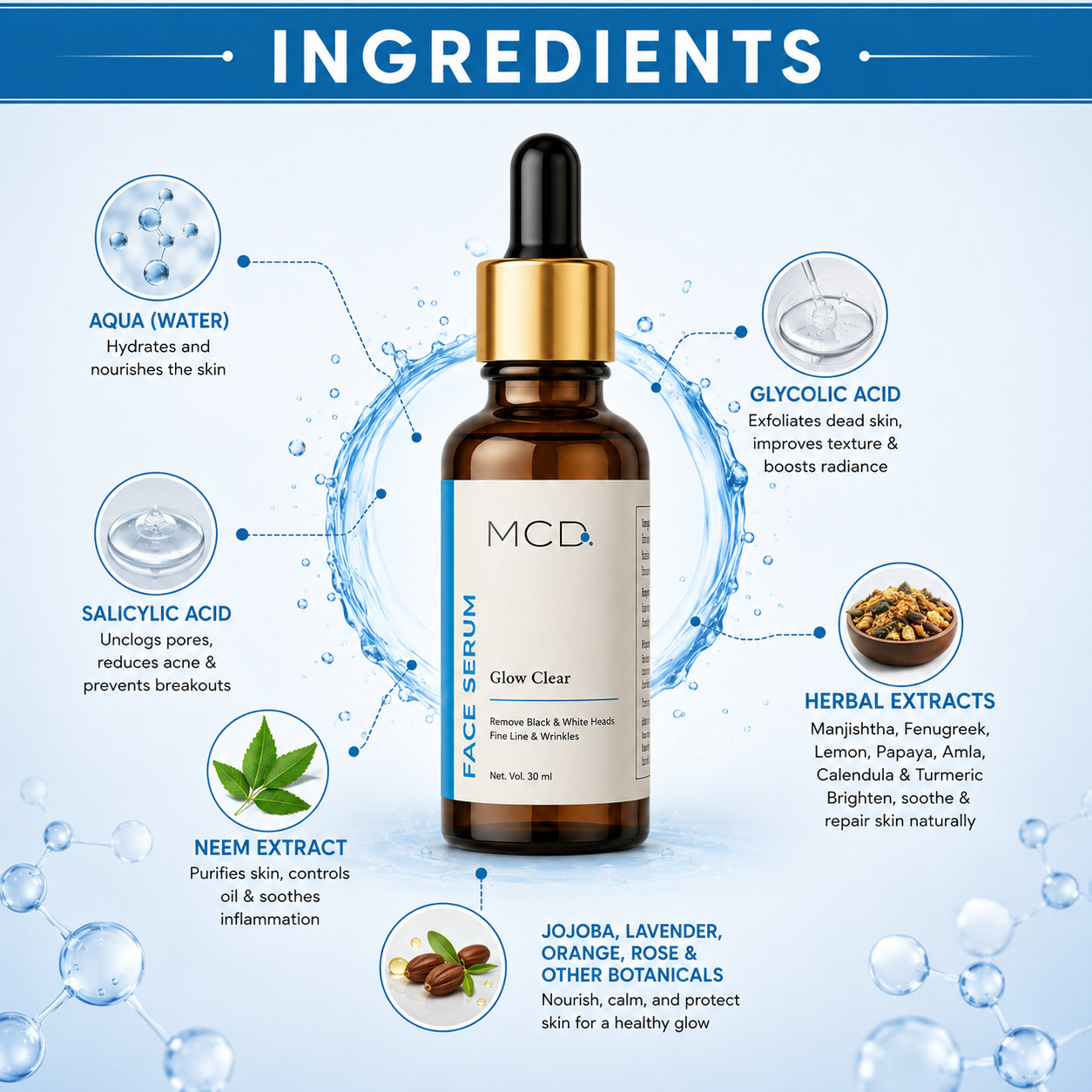 mcd glow clear face serum with salicylic acid, glycolic acid & herbal extracts | clear, smooth & hydrated skin | 30 ml