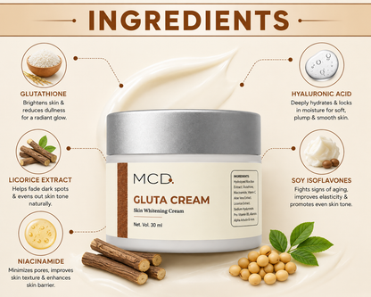 MCD Gluta Cream with Glutathione, Niacinamide & Hyaluronic Acid | Brightening & Hydrating Face Cream for Even Skin Tone | 30 ml