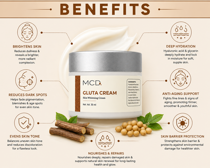 MCD Gluta Cream with Glutathione, Niacinamide & Hyaluronic Acid | Brightening & Hydrating Face Cream for Even Skin Tone | 30 ml