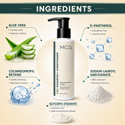 MCD 2 in 1 Shampoo + Conditioner with Aloe Vera & D-Panthenol | Strength & Shine Hair Care Formula for All Hair Types | 200 ml