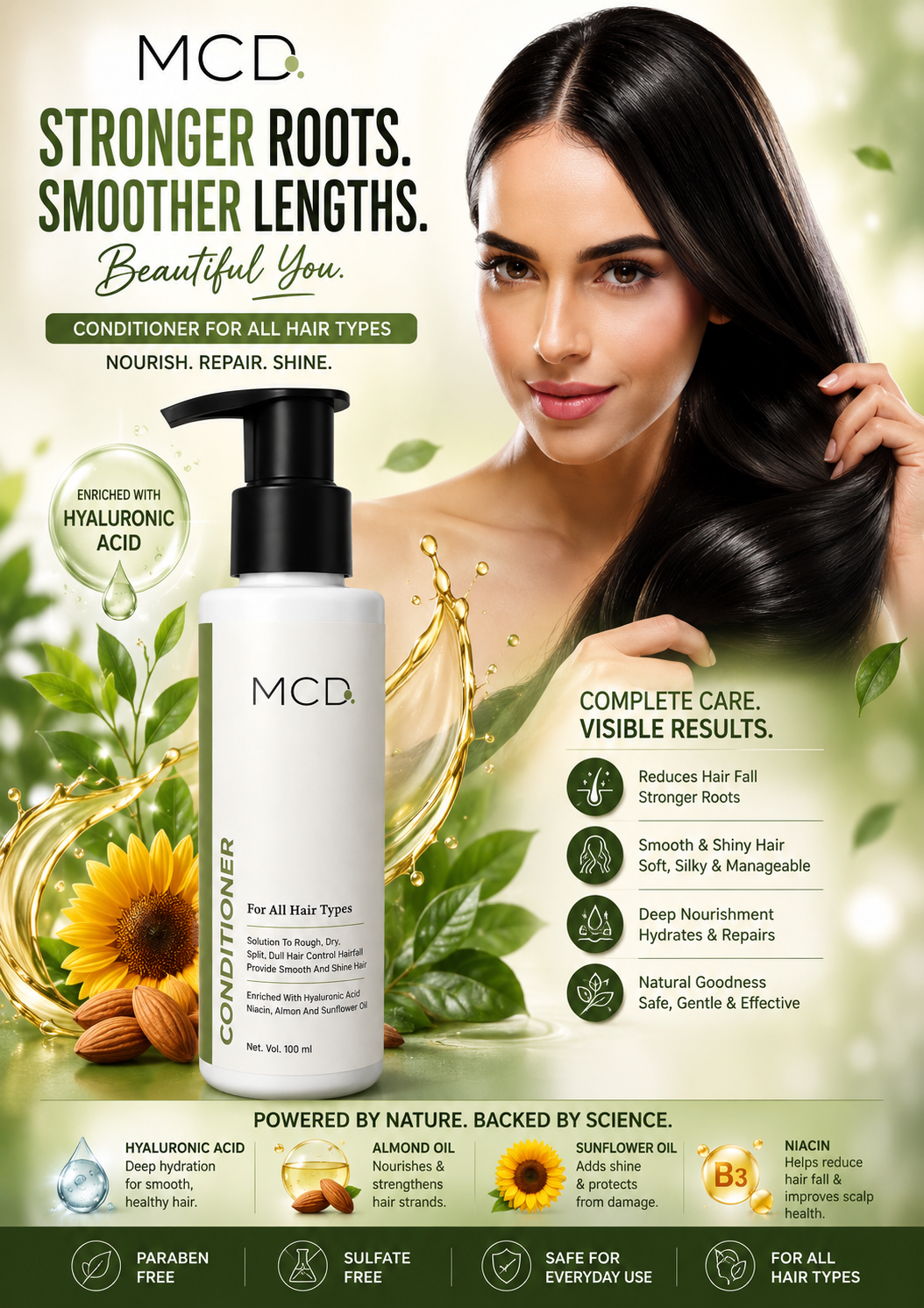 mcd hair conditioner with hyaluronic acid, niacinamide, almond oil & sunflower oil | smooth & silky hair care for all hair types | 100 ml