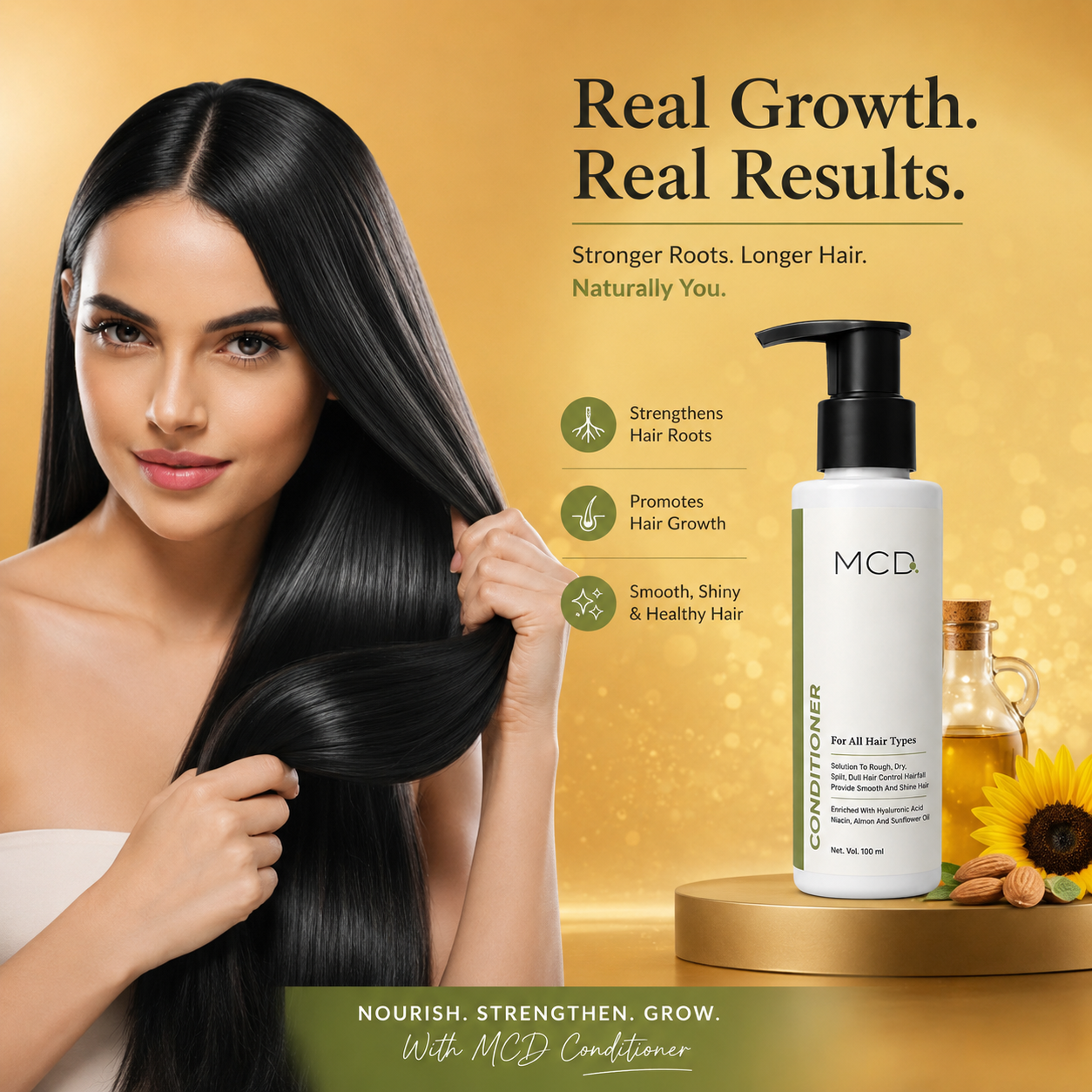 mcd hair conditioner with hyaluronic acid, niacinamide, almond oil & sunflower oil | smooth & silky hair care for all hair types | 100 ml