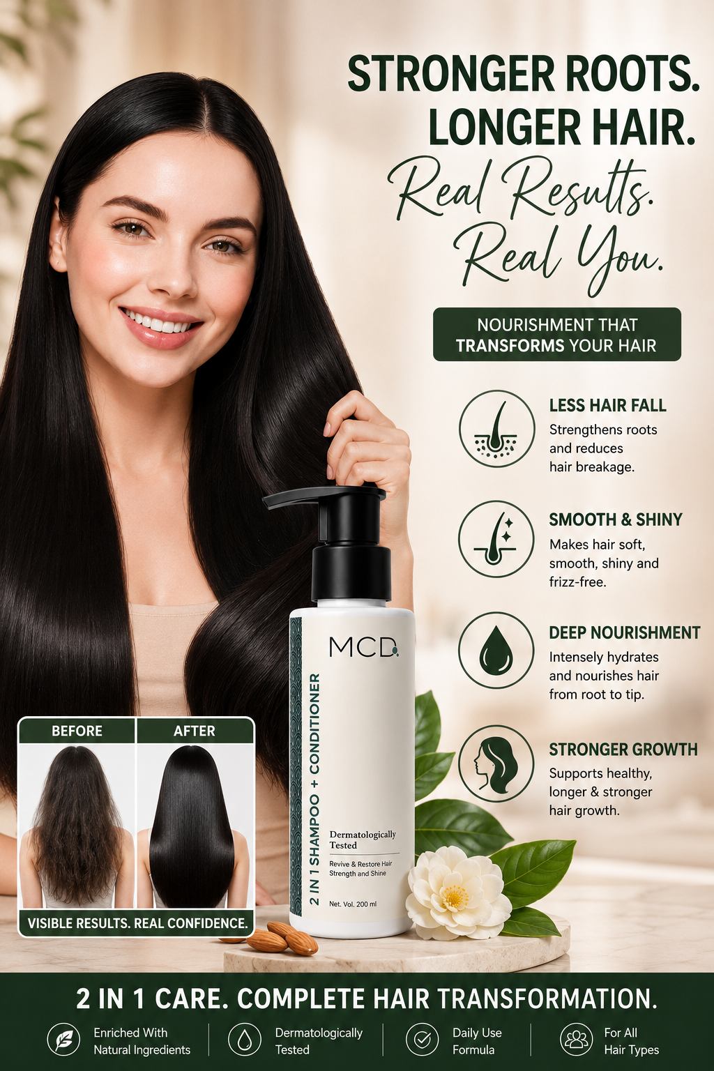 mcd 2 in 1 shampoo + conditioner with aloe vera & d-panthenol | strength & shine hair care formula for all hair types | 200 ml