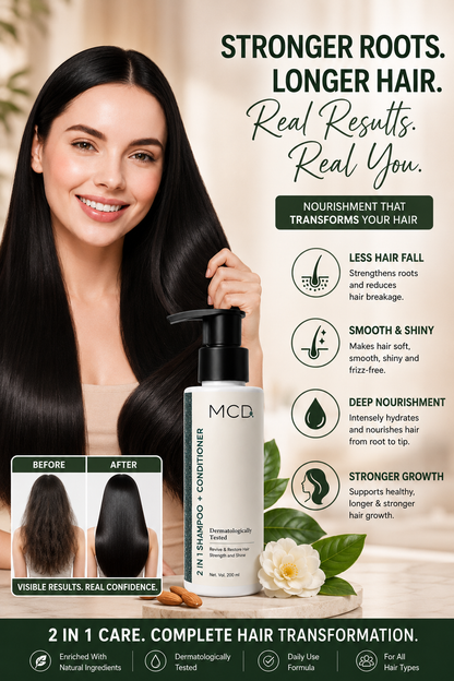 MCD 2 in 1 Shampoo + Conditioner with Aloe Vera & D-Panthenol | Strength & Shine Hair Care Formula for All Hair Types | 200 ml