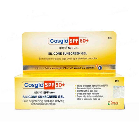 Cosglo SPF 50+ Silicone Sunscreen Gel | Broad Spectrum UVA/UVB Protection | Antioxidant Rich | Matte Finish | 50g