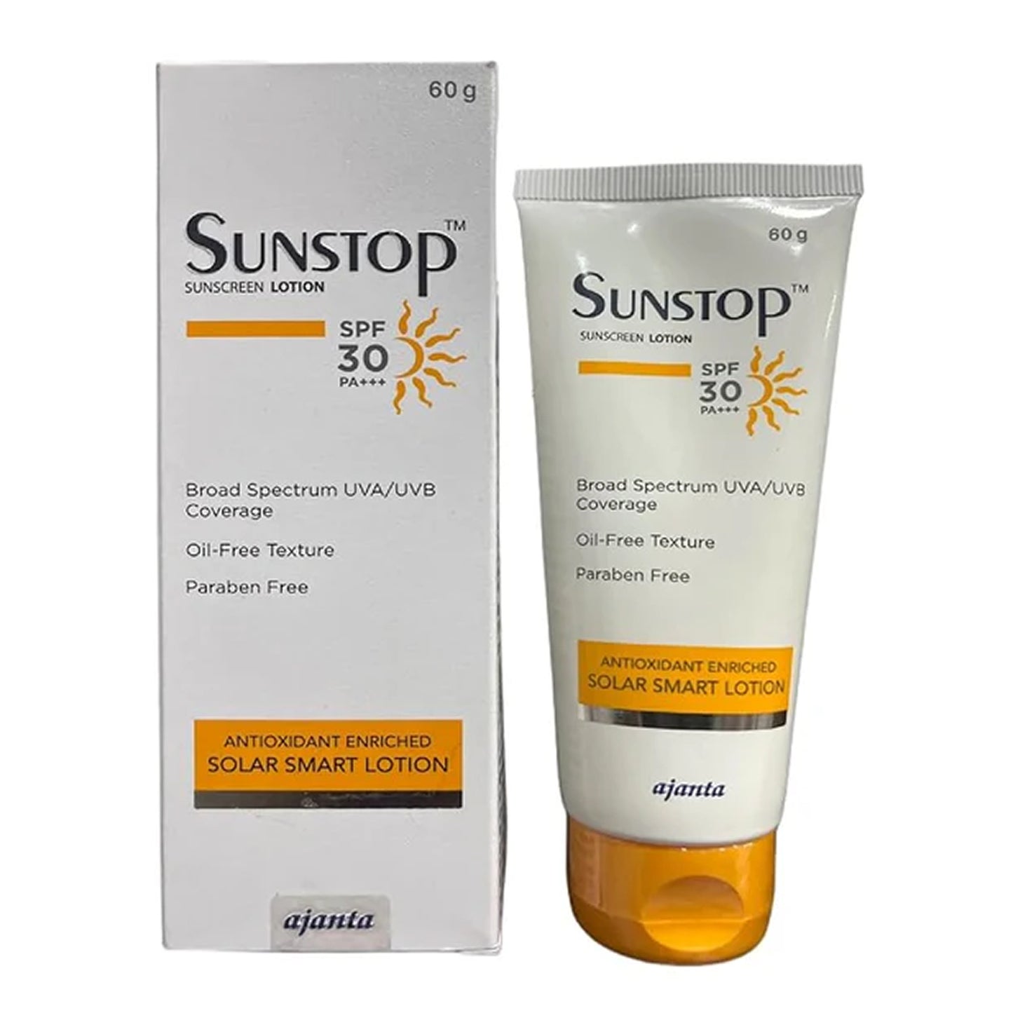 sunstop sunscreen lotion spf 30 pa+++ | broad spectrum uva/uvb | oil-free, paraben-free, antioxidant enriched | 60g | ajanta
