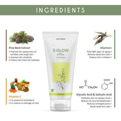 S-GLOW Ultra Facewash – Oil-Free Skin Rejuvenating Cleanser with Glycolic Acid, Salicylic Acid, Vitamin E & Pine Bark Extract – 100ml