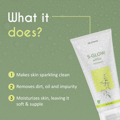 S-GLOW Ultra Facewash – Oil-Free Skin Rejuvenating Cleanser with Glycolic Acid, Salicylic Acid, Vitamin E & Pine Bark Extract – 100ml