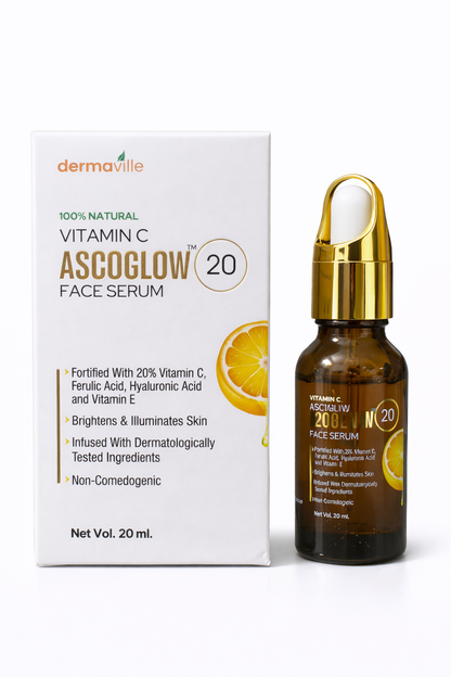 ASCOGLOW™ 20 Vitamin C Face Serum – Brightening & Anti-Aging Formula with Hyaluronic Acid & Ferulic Acid (20ml)