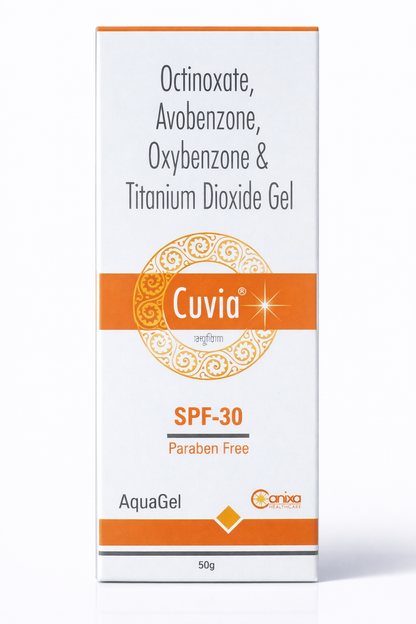 Cuvia® AquaGel SPF-30 | Broad Spectrum UV Protection with Octinoxate, Avobenzone, Oxybenzone & Titanium Dioxide | 50g | Paraben-Free | Canixa