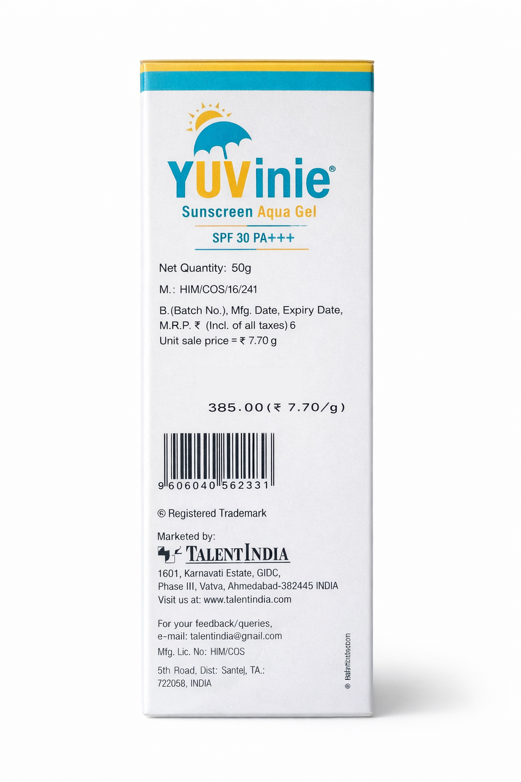 yuvinie aqua sunscreen gel - (50g)